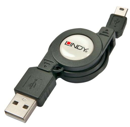 Cabo USB 2.0 A-USB Mini 5 Pinos M/M Rectrátil 00.80m LINDY(31618
