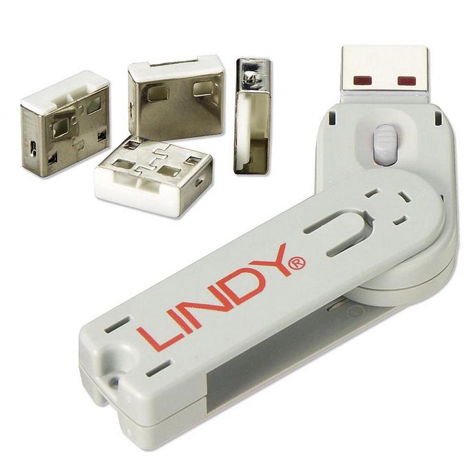 USB Type A Port Blocker Key + 4 blockers – White LINDY (40454)
