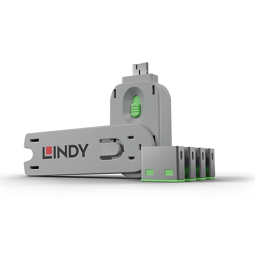 USB Type A Port Blocker Key + 4 blockers – Green LINDY (40451)
