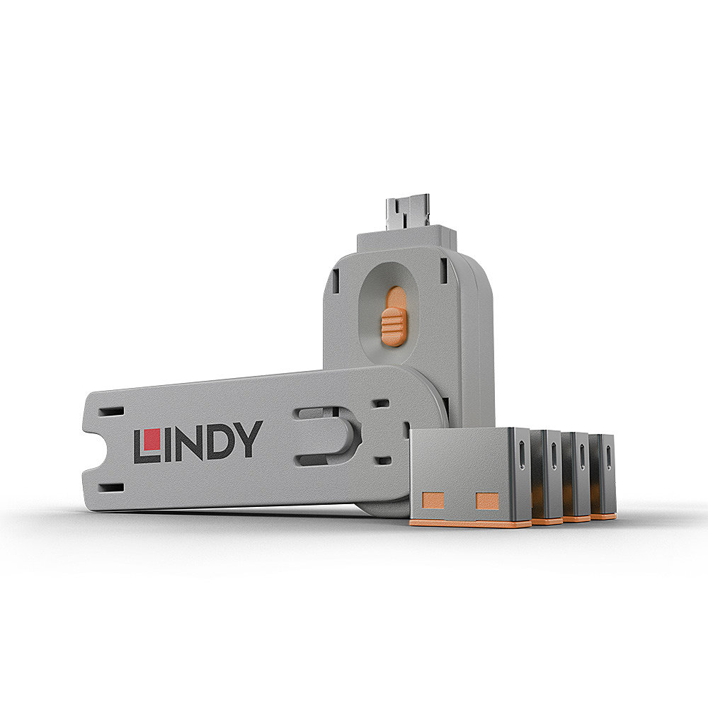 USB Type A Port Blocker Key + 4 blockers – Orange LINDY (40453)